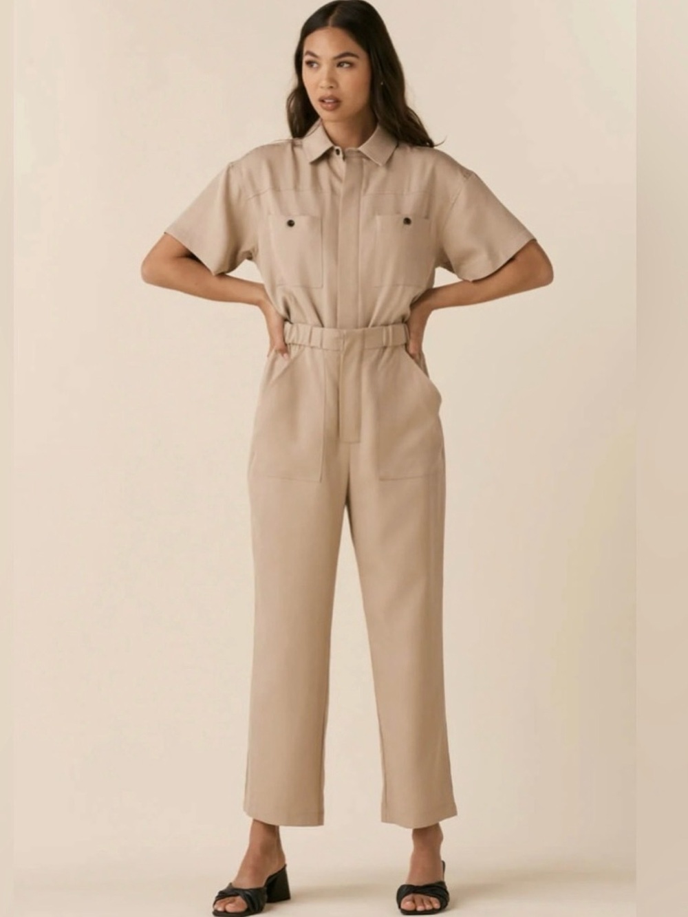 VETTA Beige Short-Sleeve Utility Jumpsuit